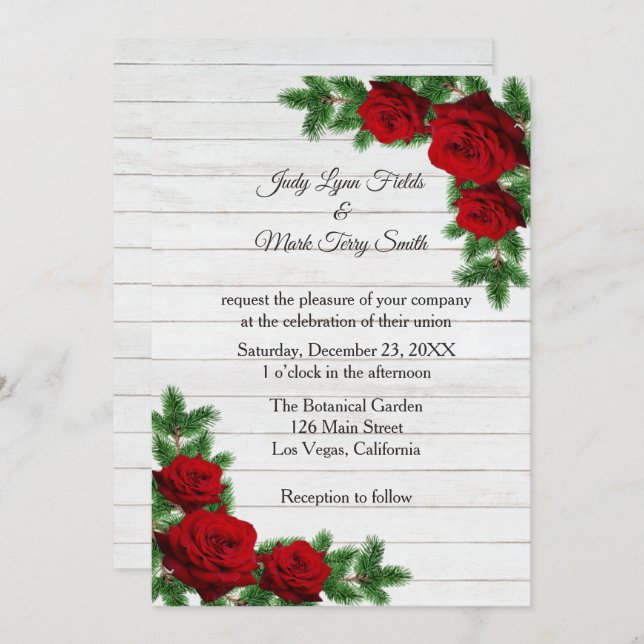 Invitation Mariage de Noël de la branche des roses rouges et  (Devant / Derrière)