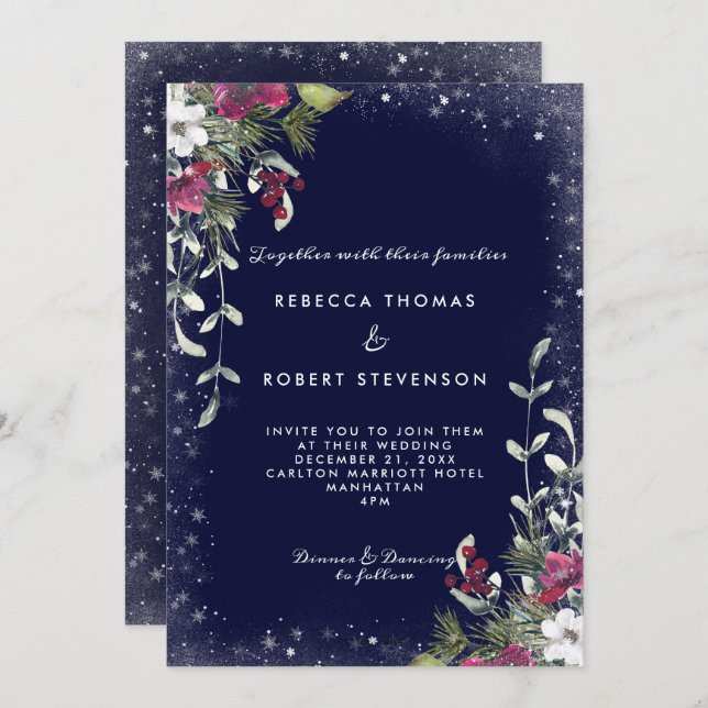 Invitation mariage de Noël des flores d'hiver de la marine (Devant / Derrière)