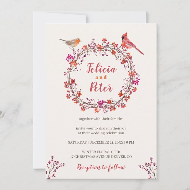 Invitation Mariage de Noël des oiseaux rustiques à couronne d (Devant)