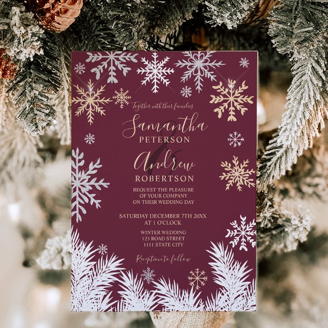 Invitation Mariage de Noël d'hiver de pin à neige moderne (Modern snowflake pine winter Christmas wedding red Invitation)