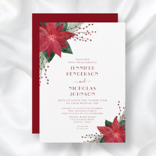 Invitation Mariage de Noël élégant aux fleurs rouges de Poins