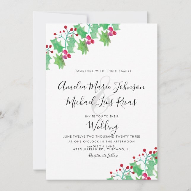 Invitation Mariage de Noël Élégant Script Aquarelle Baie (Devant)