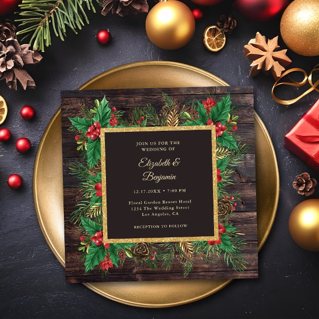 Invitation Mariage de Noël en Bois Noir Or Rustique avec Verd (Créateur téléchargé)