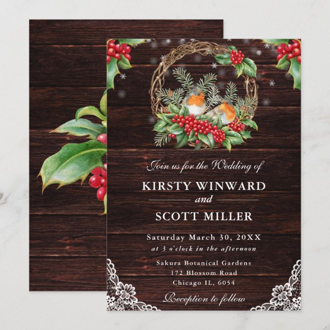Invitation Mariage de Noël en bois rustique avec Robin et Hol (Devant / Derrière)