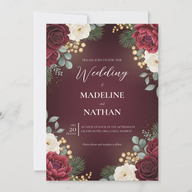 Invitation Mariage de Noël en velours floral bordeaux (Devant)