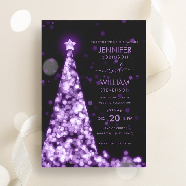 Invitation Mariage de Noël Festif Moderne Purple Tree (Modern Festive Purple Tree Christmas Wedding Invitation)