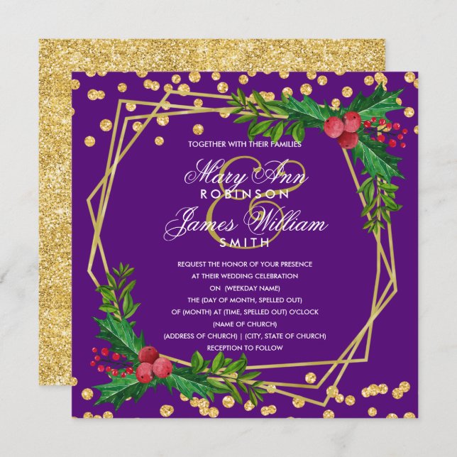 Invitation Mariage de Noël Festive Gold Holly Purple (Devant / Derrière)