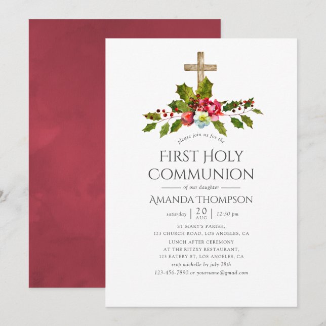 Invitation Mariage de Noël Fleurs Première Sainte Communion (Devant / Derrière)