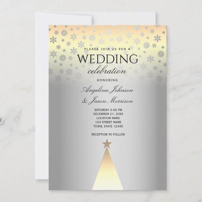 Invitation Mariage de Noël Flocons d'Argent et d'Or (Devant)