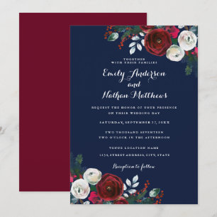 Invitation Mariage de Noël Floral Élégant Bourgogne Marine