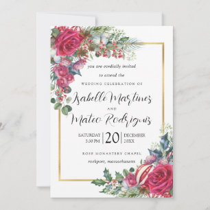 Invitation Mariage de Noël Floral Élégant Rouge et Blanc