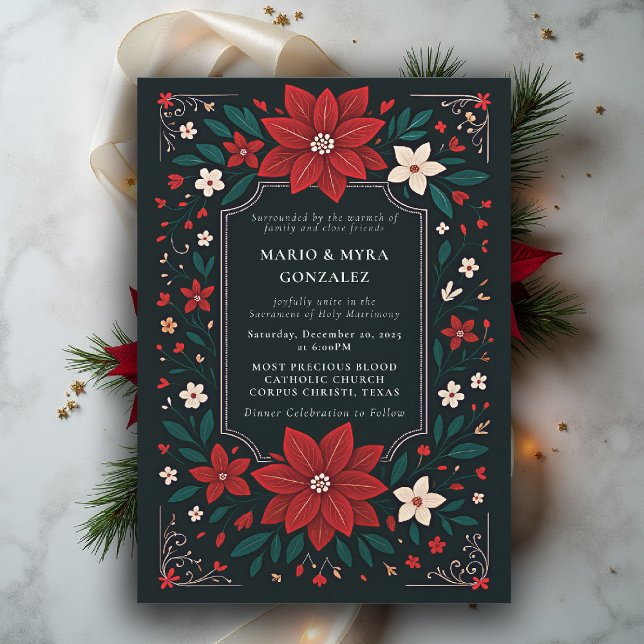 Invitation Mariage de Noël Floral Élégant Rustique Mexicain (mexican wedding invitation christmas theme floral botanical frame poinsettias red white black)