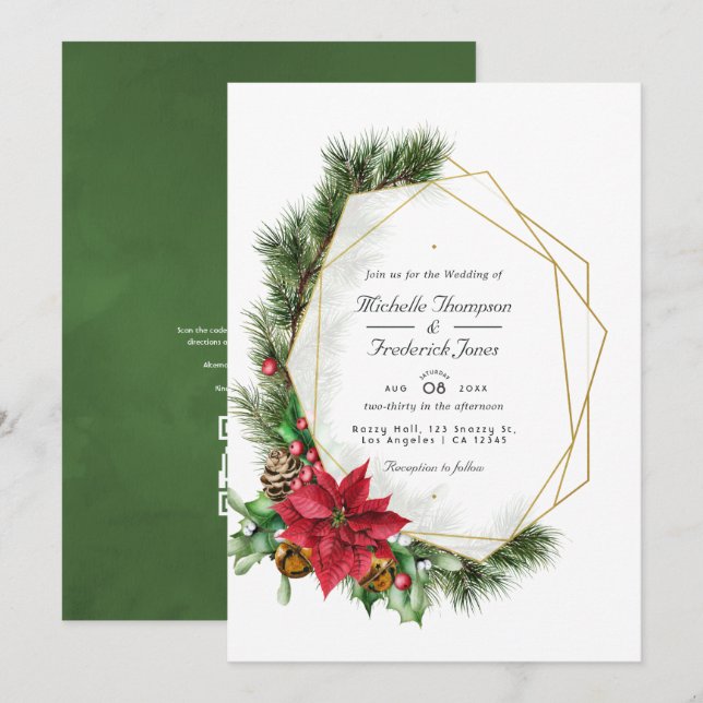 Invitation Mariage de Noël Floral Géométrique Code QR RSVP (Devant / Derrière)