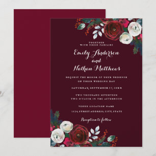 Invitation Mariage de Noël Floral Rouge Bourgogne Élégant