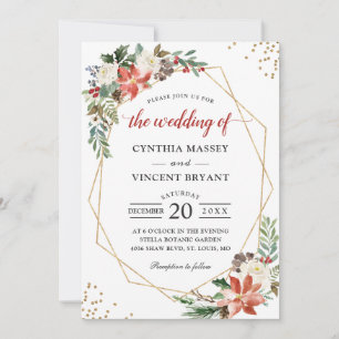 Invitation Mariage de Noël géométrique Poinsettia Floral Gold