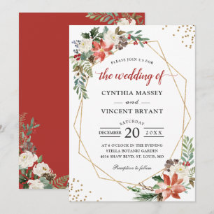 Invitation Mariage de Noël géométrique Poinsettia Floral Gold