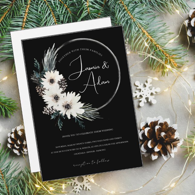 Invitation Mariage de Noël gothique noir blanc fleuri (Créateur téléchargé)