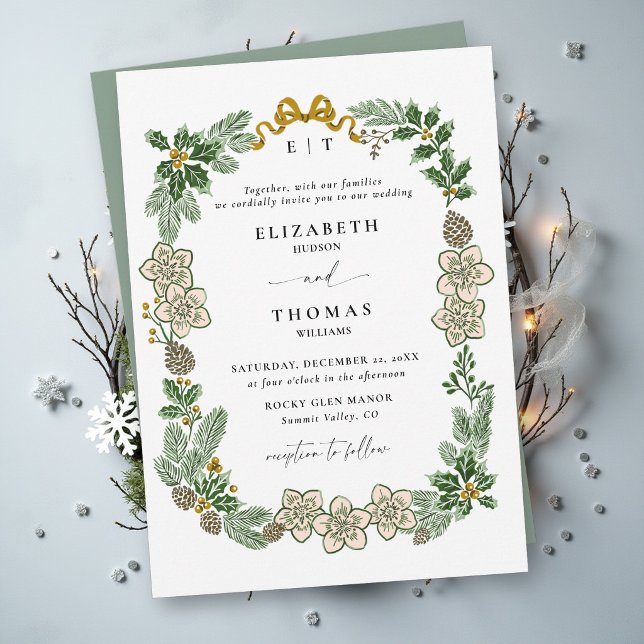 Invitation Mariage de Noël Hiver Botanique Sage Vert Or (winter wedding invitation sage green white botanical greenery foliage elegant modern classic formal)