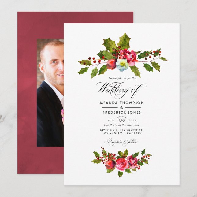Invitation Mariage de Noël Holly Photo (Devant / Derrière)