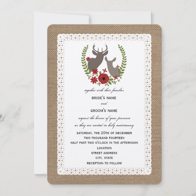 Invitation Mariage de Noël inspiré par Burlap + dentelle Cerf (Devant)