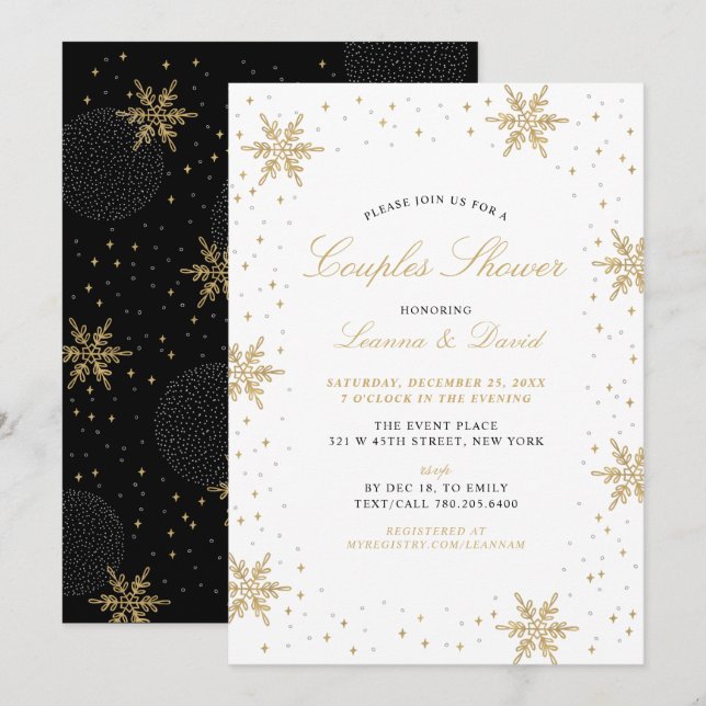 Invitation Mariage de Noël Or & Noir en Hiver (Devant / Derrière)