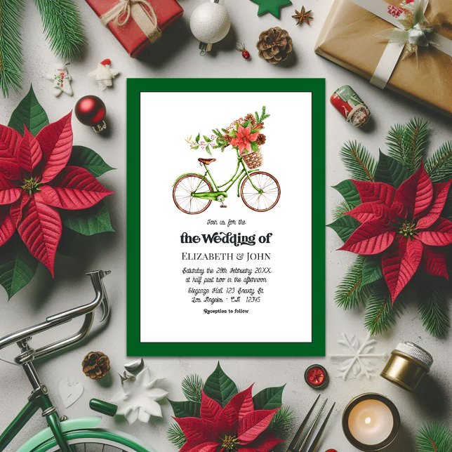 Invitation Mariage de Noël Retro Poinsettia (Retro Poinsettia Bicycle Christmas Wedding Invitation)