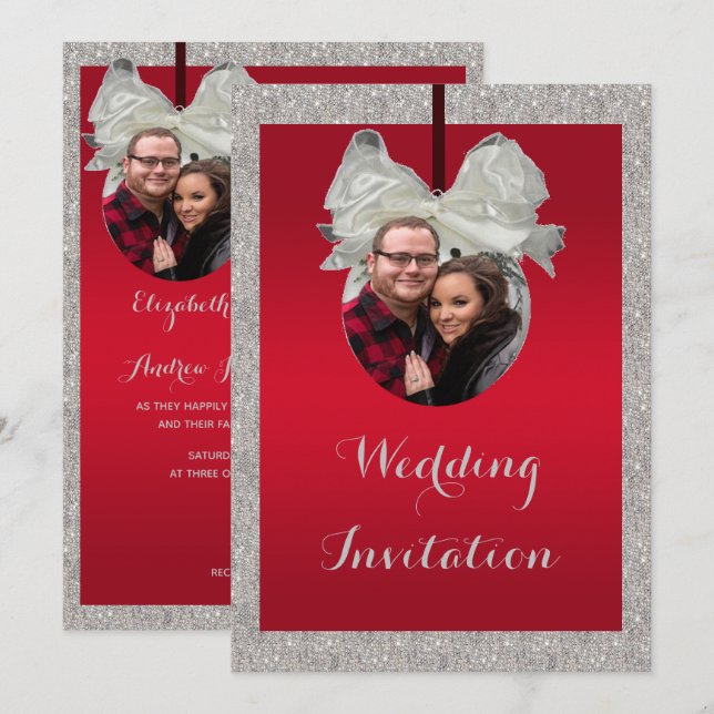 Invitation Mariage de Noël Ruby Rouge Élégant et Bauble Brill (Devant / Derrière)