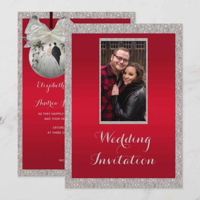 Invitation Mariage de Noël Ruby Rouge Élégant et Bauble Brill (Devant / Derrière)
