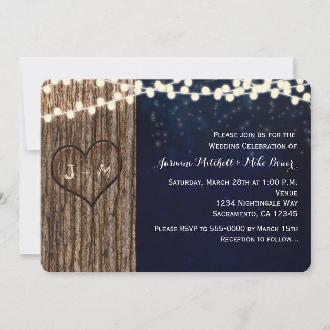 Invitation Mariage de Nuit avec Coeur Sculpté d'Arbre Rustiqu (Devant)
