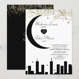 Invitation Mariage de Nuit Ciel Noire et Blanc en Feuille