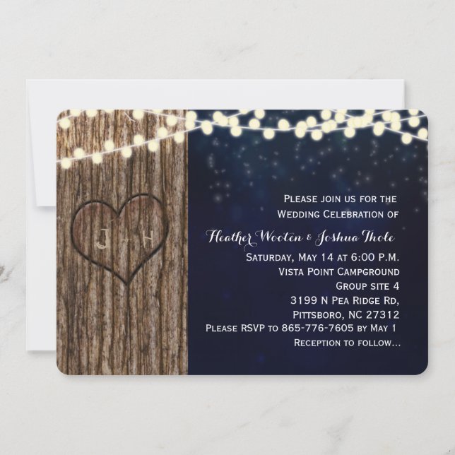 Invitation Mariage de Nuit de Coeur Sculpté d'Arbre Rustique  (Devant)