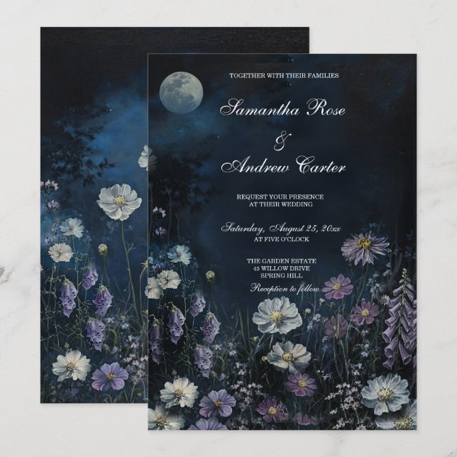 Invitation Mariage de Nuit de Jardin Floral Foncé de Digitale (Devant / Derrière)