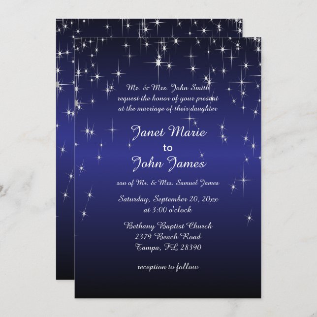 Invitation Mariage de nuit étoilé dans le bleu foncé (Devant / Derrière)
