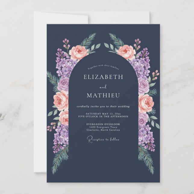 Invitation Mariage de Nuit Fleurie Pêche et Marine (Devant)