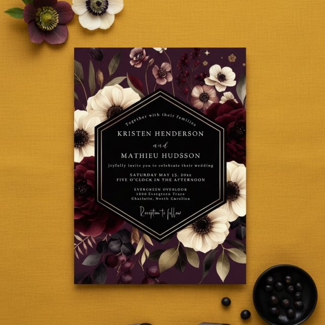 Invitation Mariage de nuit floral bordeaux (Créateur téléchargé)