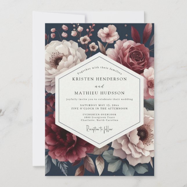 Invitation Mariage de Nuit Floral Bourguignon Maussade (Devant)