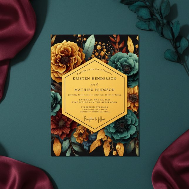 Invitation Mariage de nuit floral doré sarcelle (Créateur téléchargé)