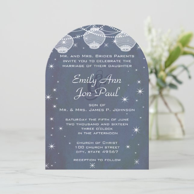 Invitation Mariage de nuit Marine & Silver Lanterns Stars Gar (Debout devant)