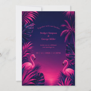 Invitation Mariage de nuit tropical floral néon flamant Hawaï