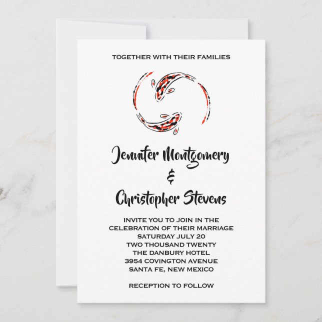 Invitation Mariage de paire de poissons Koi japonais noir et  (Devant)