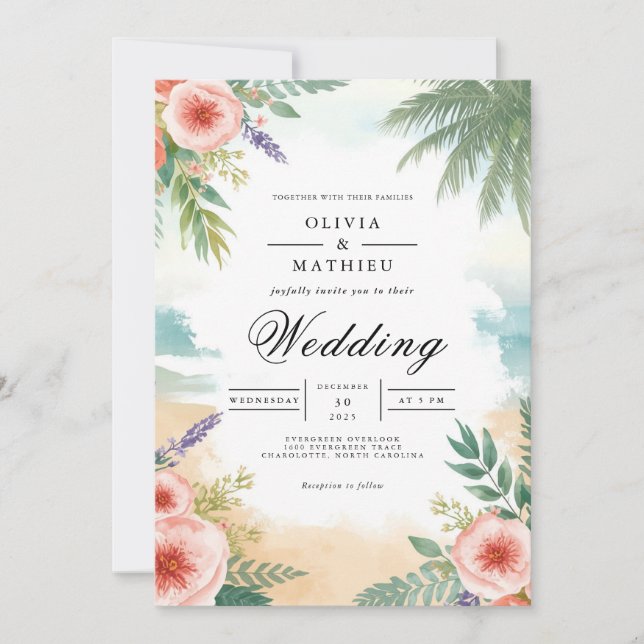 Invitation Mariage de palmier floral côtier (Devant)