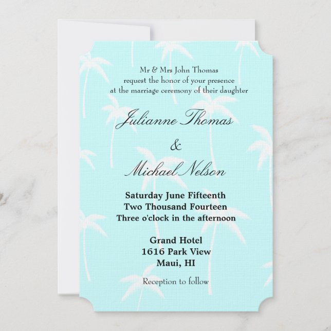 Invitation Mariage de palmiers bleus et blancs (Devant)