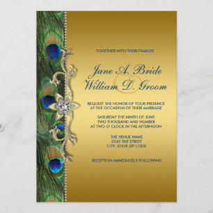 Invitation Mariage de paon de vert vert et d'or