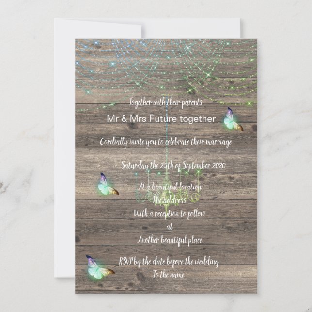 Invitation Mariage de papillon bleu vert vintage rustique (Devant)