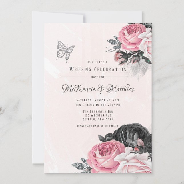 Invitation Mariage de papillon en argent rose rose rose (Devant)