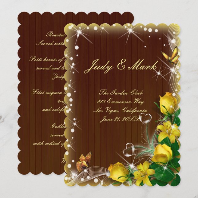 Invitation Mariage de papillon fleuri en bois foncé rustique (Devant / Derrière)