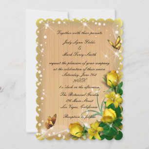 Invitation Mariage de papillon floral jaune bois rustique