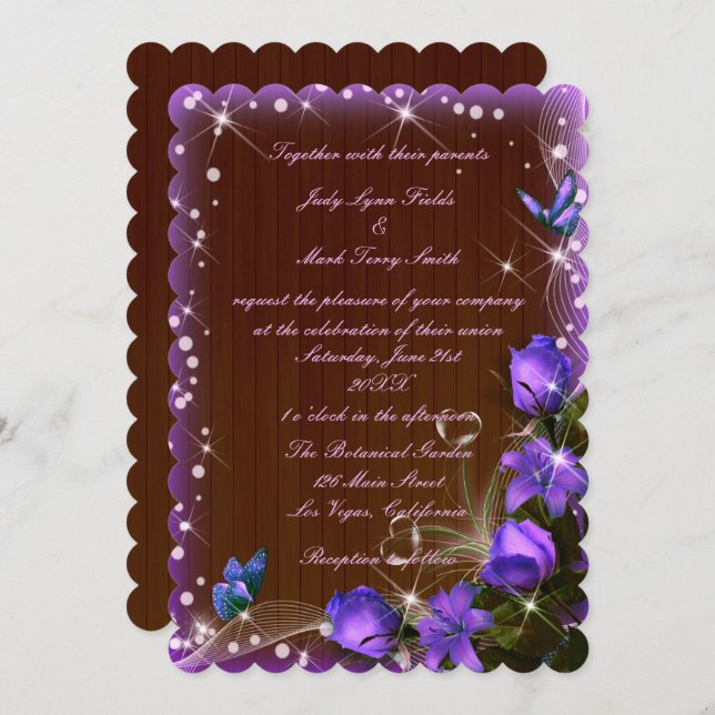 Invitation Mariage de papillon floral violet en bois foncé ru (Devant / Derrière)