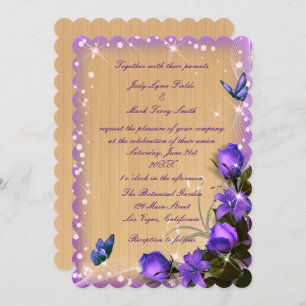 Invitation Mariage de papillon floral violet en bois rustique