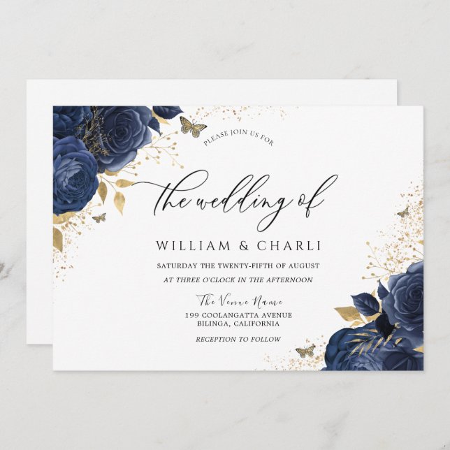 Invitation Mariage de papillon Indigo Blue Flowers Navy (Devant / Derrière)